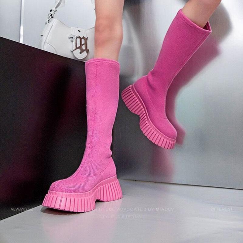 

Мода 2025 Осень Новые Женские Ботинки из Эластичной Ткани на Толстой Платформе Модные Ботинки для Девочек Готическая Обувь Женские Ботинки Для Женщин До Колена 40