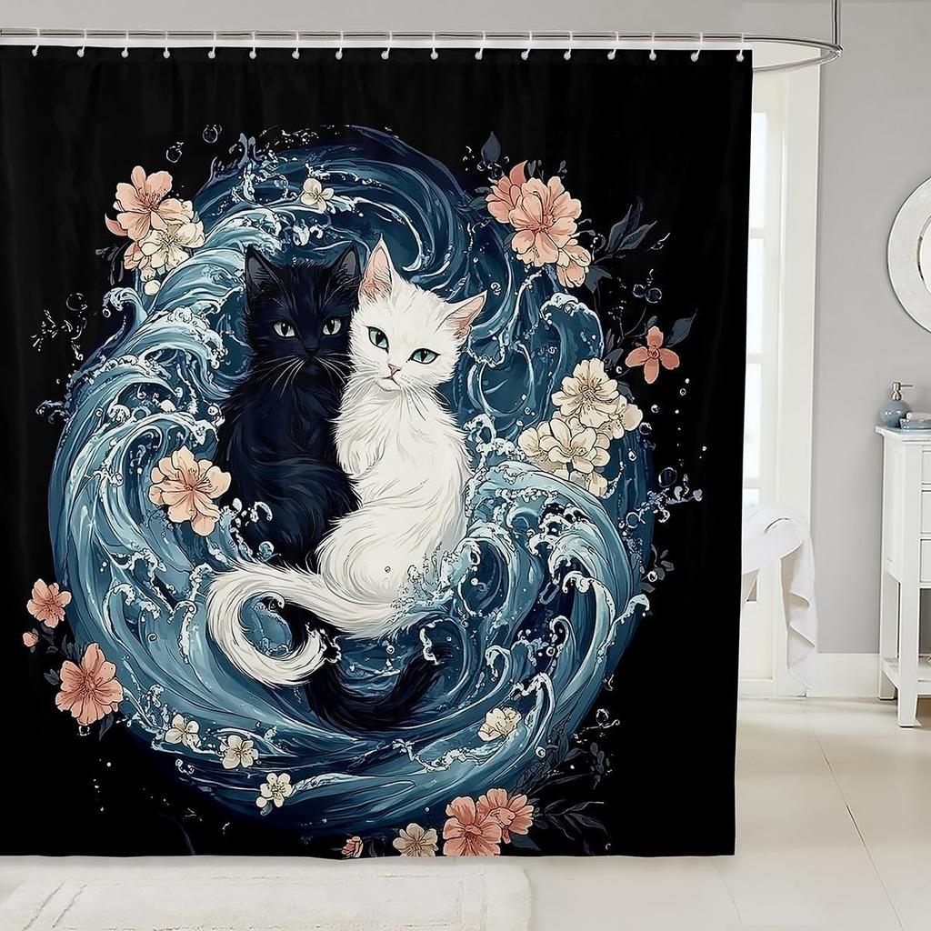 Cat Shower Curtain,Colorful Floral Bathroom Curtain,Kids Girls Boys Adult Cute Pet Animals Waterproof Fabrics Blue Sky Bathtub