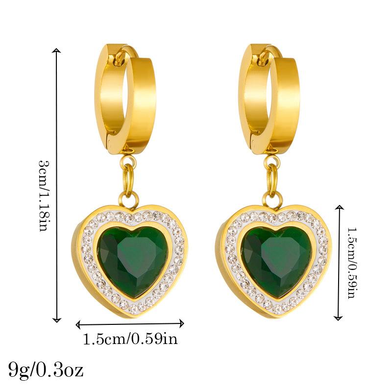 Gold Plated Green Heart Drop Earrings with Crystal Halo