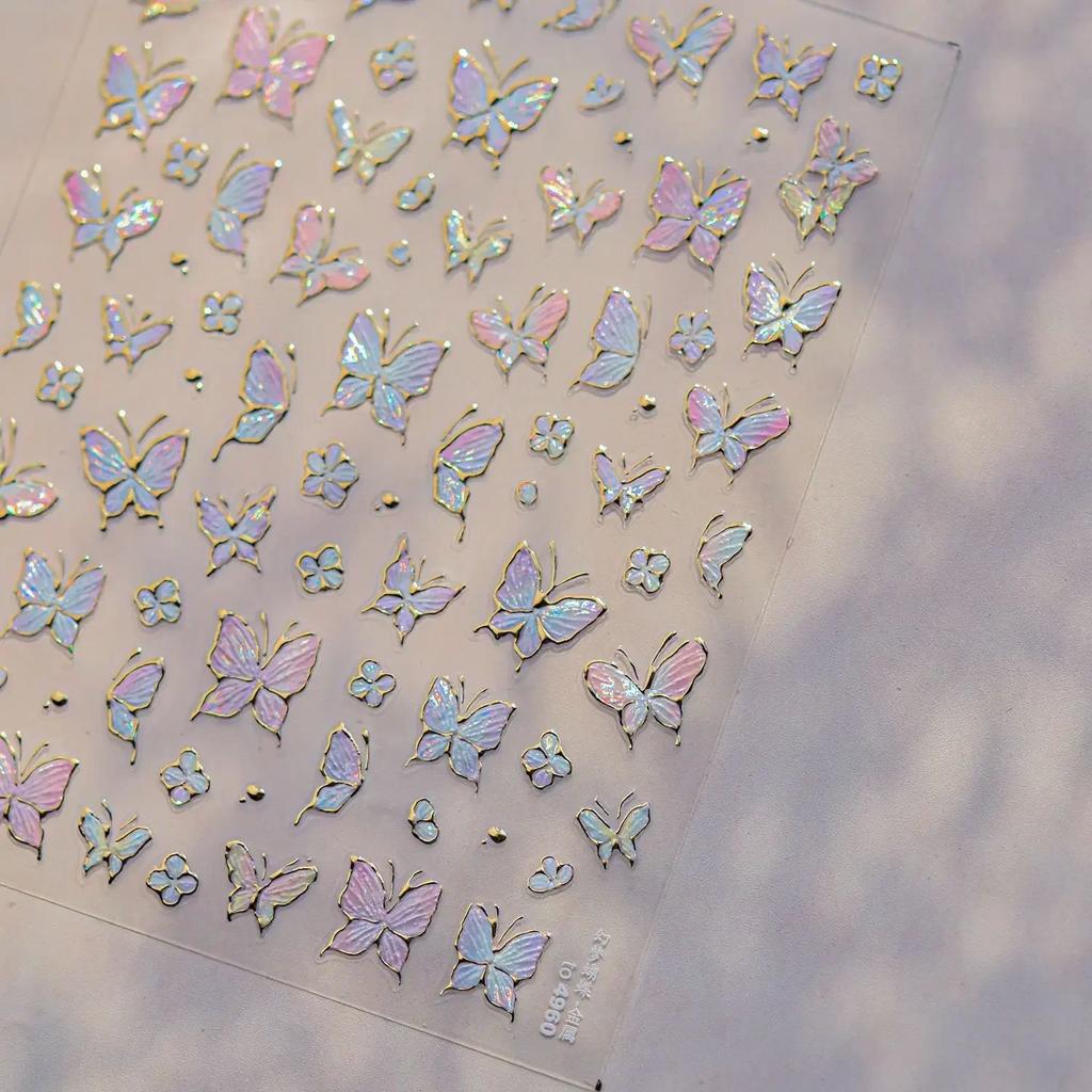 Gradient White Pink Butterfly Flower Shiny Stars Chic Spring Petal 5D Soft Adhesive Nail Art Stickers Decorations Manicure Decal