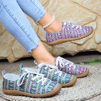 2025 Außenhandel neue große Größe Schnürfarbe Low-Top Einzelne Schuhe Damen Ethno-Stil Graffiti Lazy Canvas Flachsohlige Einzelne Schuhe