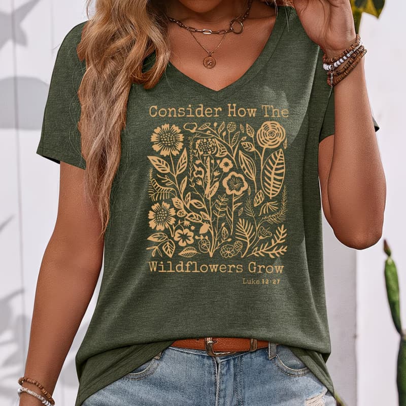 

Flower and leaf print V-neck women s short-sleeved T-shirt 5XL