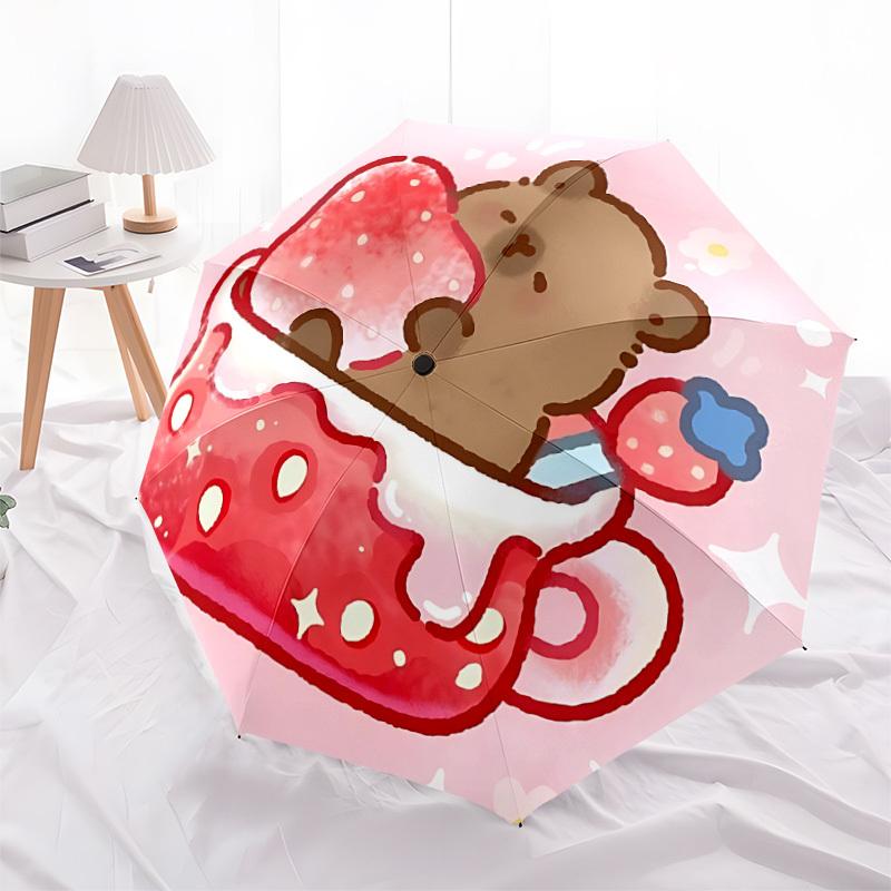 1pc Strawberry Tea Cup Capybara Automatic Open/Close Umbrella, Folding Compact Umbrella with Lightweight Design for Women/Men yy251011066