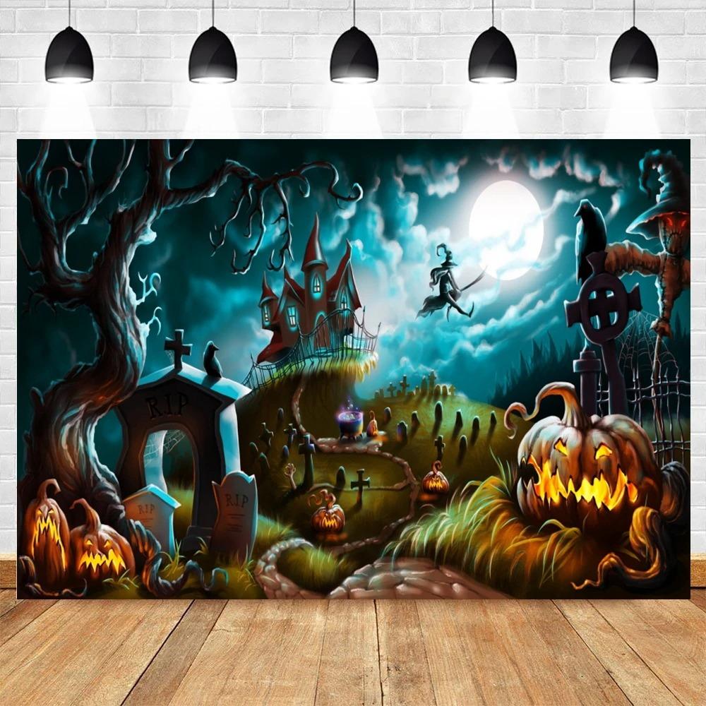 Halloween Party Decoration Hanging Cloth Pumpkin Witch Bat Castle Full Moon Night Photography Background Not Room Decoration