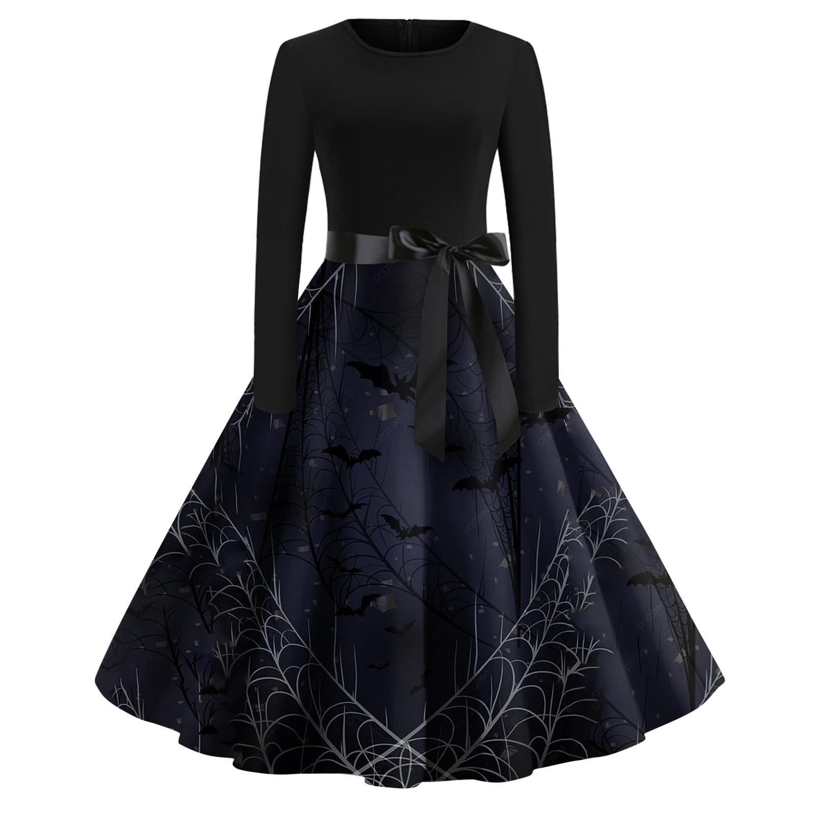 

Женское винтажное платье для выпускного вечера с длинным рукавом и принтом на Хэллоуин для всей семьи M чёрный