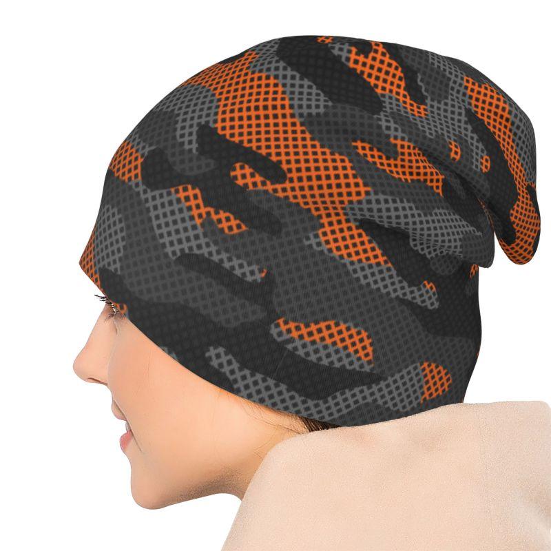 Black and Orange Camouflage Beanie Hat Warm Bonnet Cap Adults Knitted Hat Headwear Vintage Street Skullies Beanies for Women Men