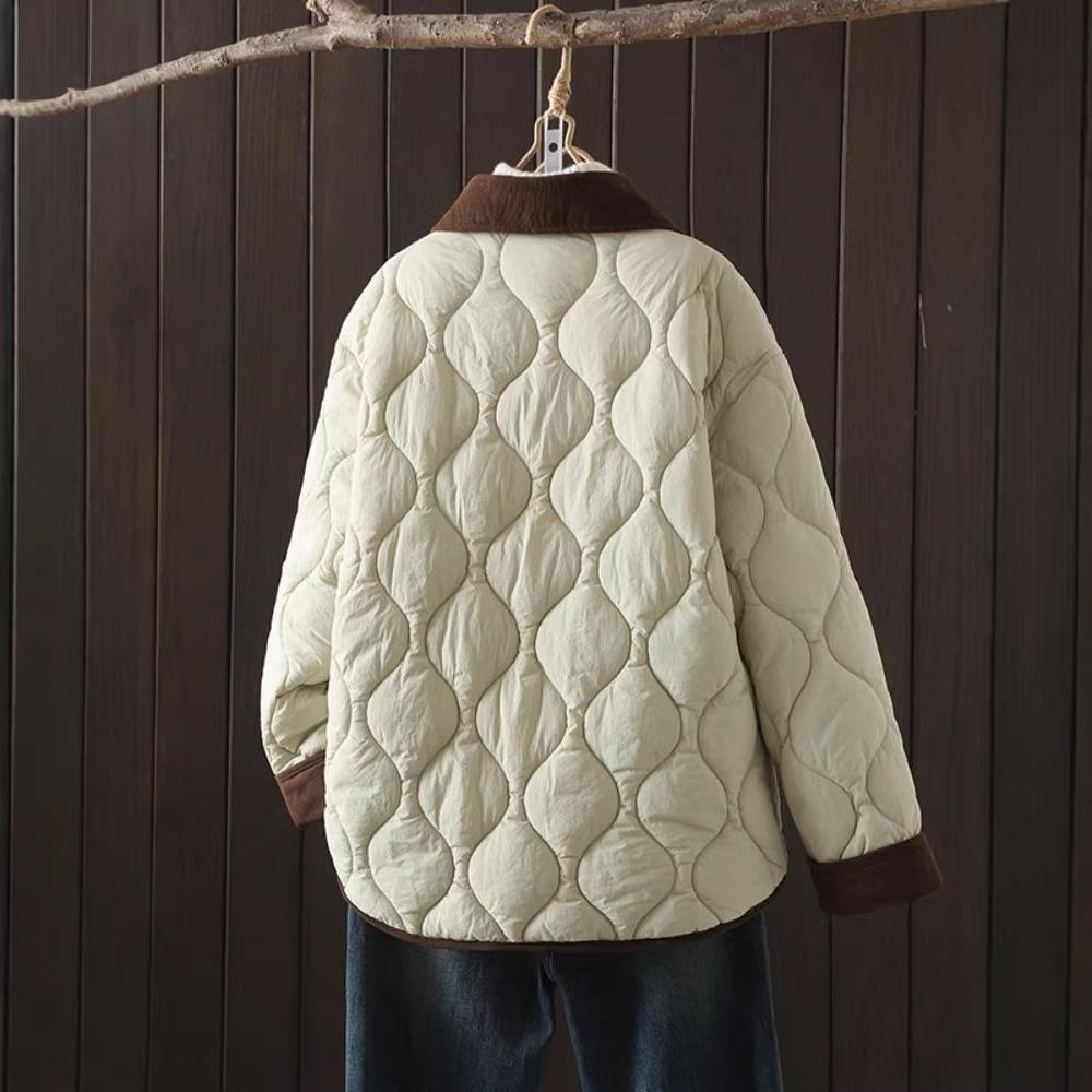 Autumn Down Cotton Padded Jacket Women's Contrast Lapel Rhombic Thin Short Loose Spring Cotton Padded Casual Coats Female