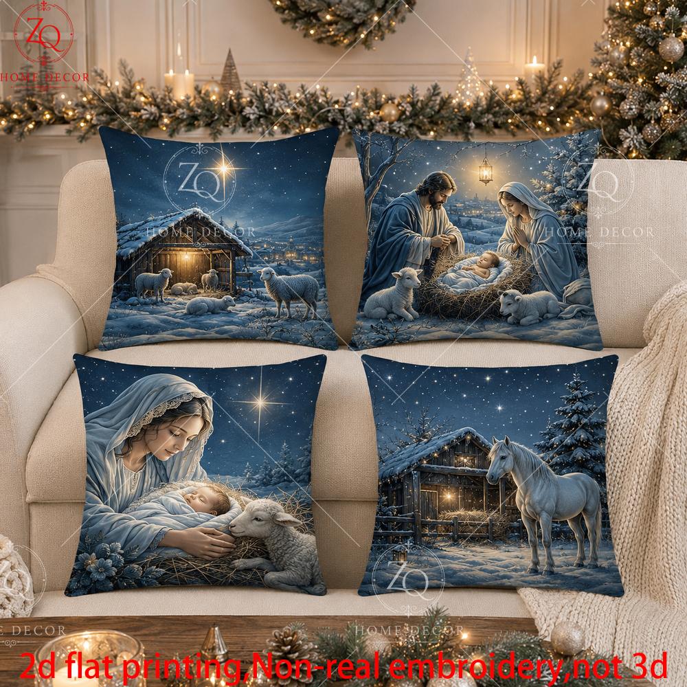 Set aus 4 Weiße Bären Leuchtturm Winter Pfirsichhaut Kissenbezug 2D Flach Gedruckt Sofakissenhülle Wohnzimmer Weihnachten