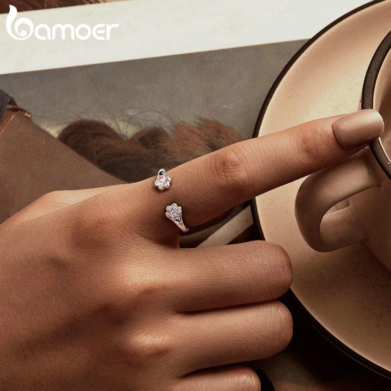 BAMOER 925 Sterling Silber Rosa Pfotenring 925 Sterling Silber+Pavé Fassung CZ+plattiertes Weißgold Für Damen Edler Schmuck