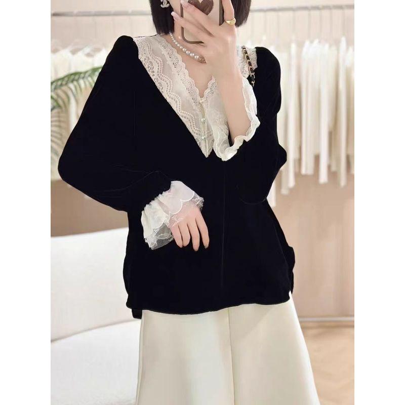 

Gentle Breath Is Full! Girls Contrast Color Crocheted Flower V-neck Stitching Lotus Leaf Sleeve Pullover Lace Shirt Spring & Fall Winter Large T-shirt Black 2XL