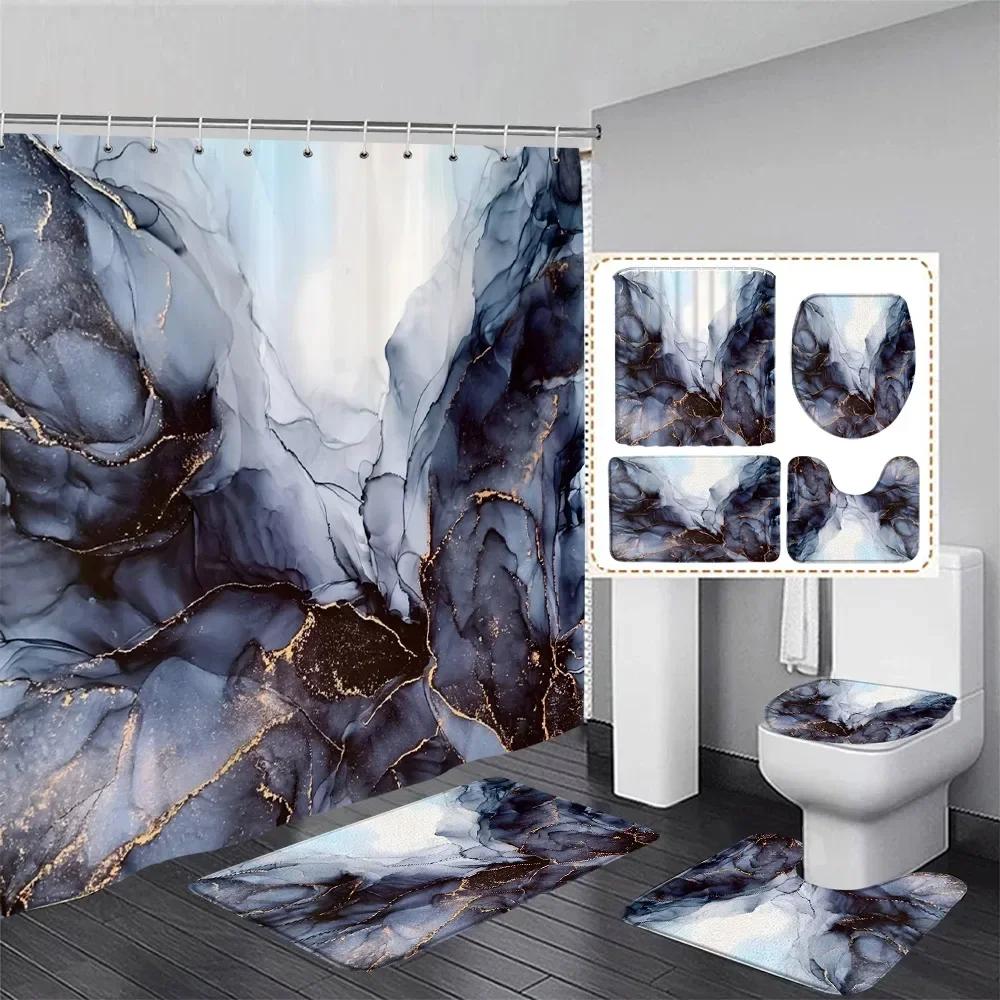 Abstract Pink Marble Shower Curtain Set Gold Textured Modern Geometric Ink Art Bathroom Decor Door Rug Bath Mat Toilet Lid Cover
