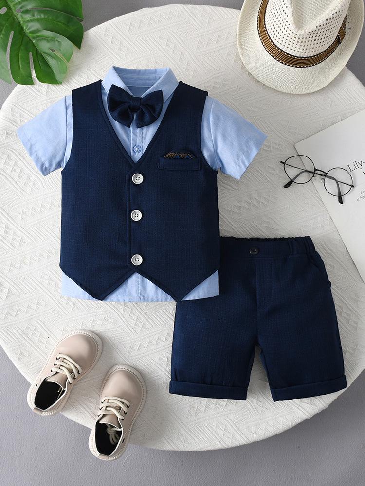 Baby Boys' Summer Gentleman Three-Piece Outfit: Short Sleeve, Shorts, and Vest Set
