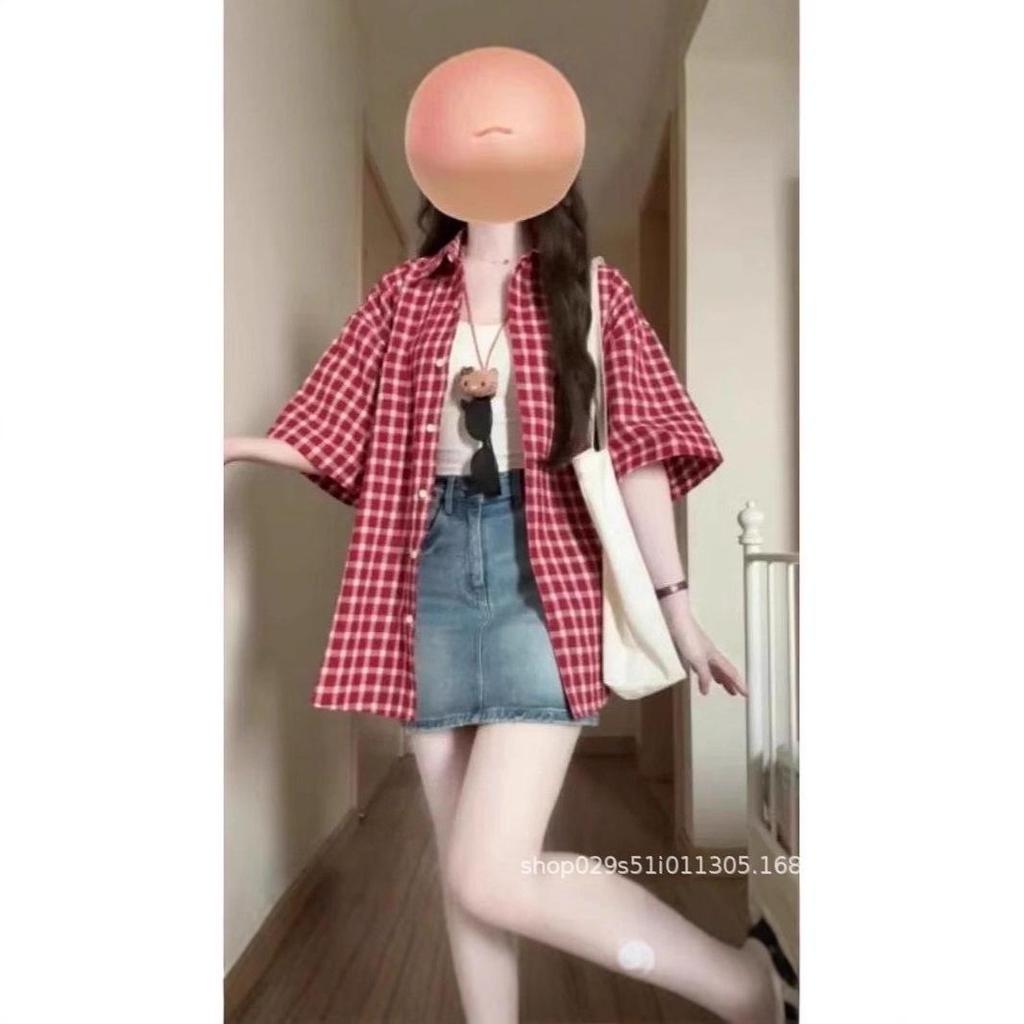 Women's Red Plaid Short-Sleeve Polo Collar Shirt - Summer Loose-Fit Casual Cardigan Top, Versatile Style