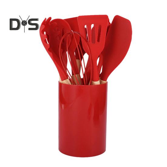 12dílná silikonová kuchyňská sada obracečka špachtle lžíce nepřilnavé tepelně odolné kuchyňské náčiní s dřevěnými rukojeťmi úložný kbelík pro veškeré nádobí