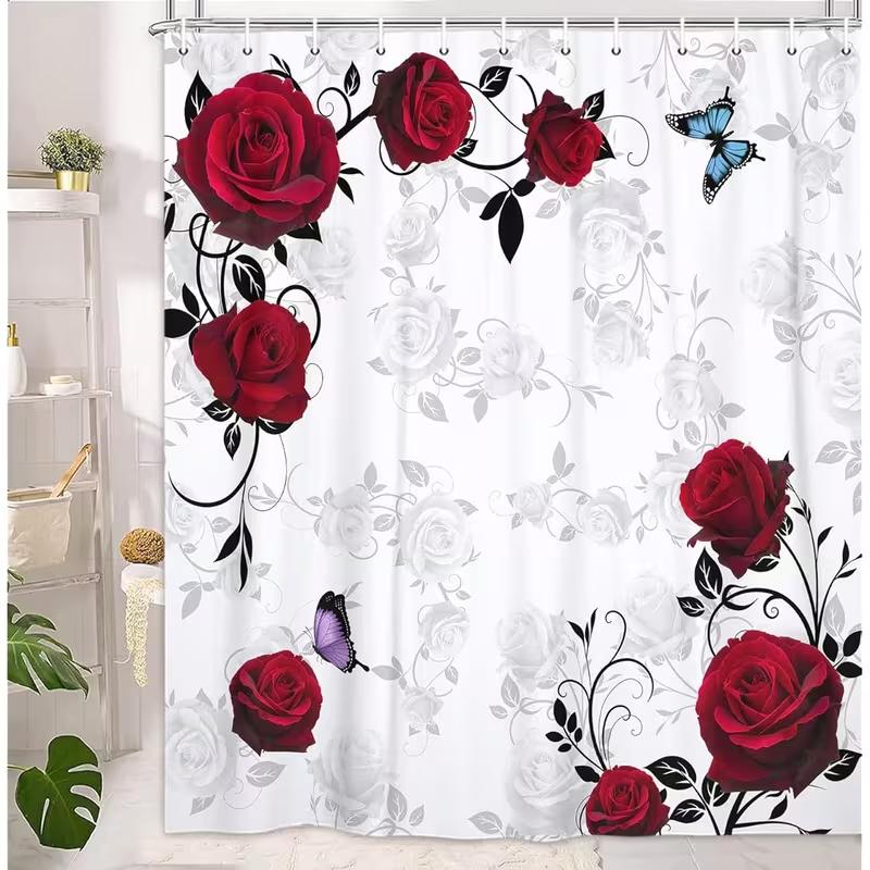 VIKAMA Classic Rose Butterfly Waterproof Shower Curtain Wet and Dry Separation Bathroom Partition Curtain Home Decor