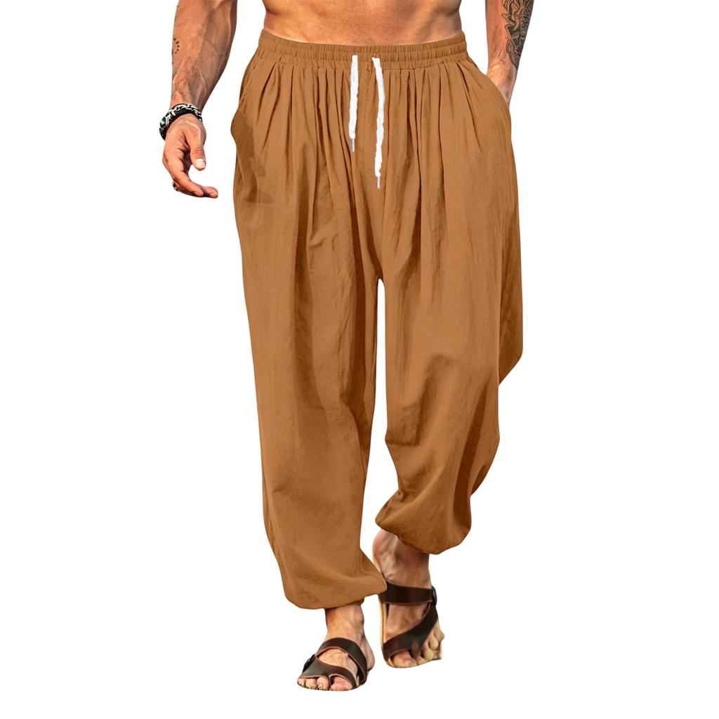 Linen Pants Men Drawstring Waist Relaxed Fit Mens Linen Pants Casual Lightweight Mens Beach Pants Comfortable Men Linen Pants for Daily Wear
