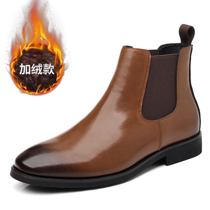Men Chelsea Boots British Style Business Leather Boot Fashion Casual High Top Boots Men's Winter Plush Warm Business Dress Boots