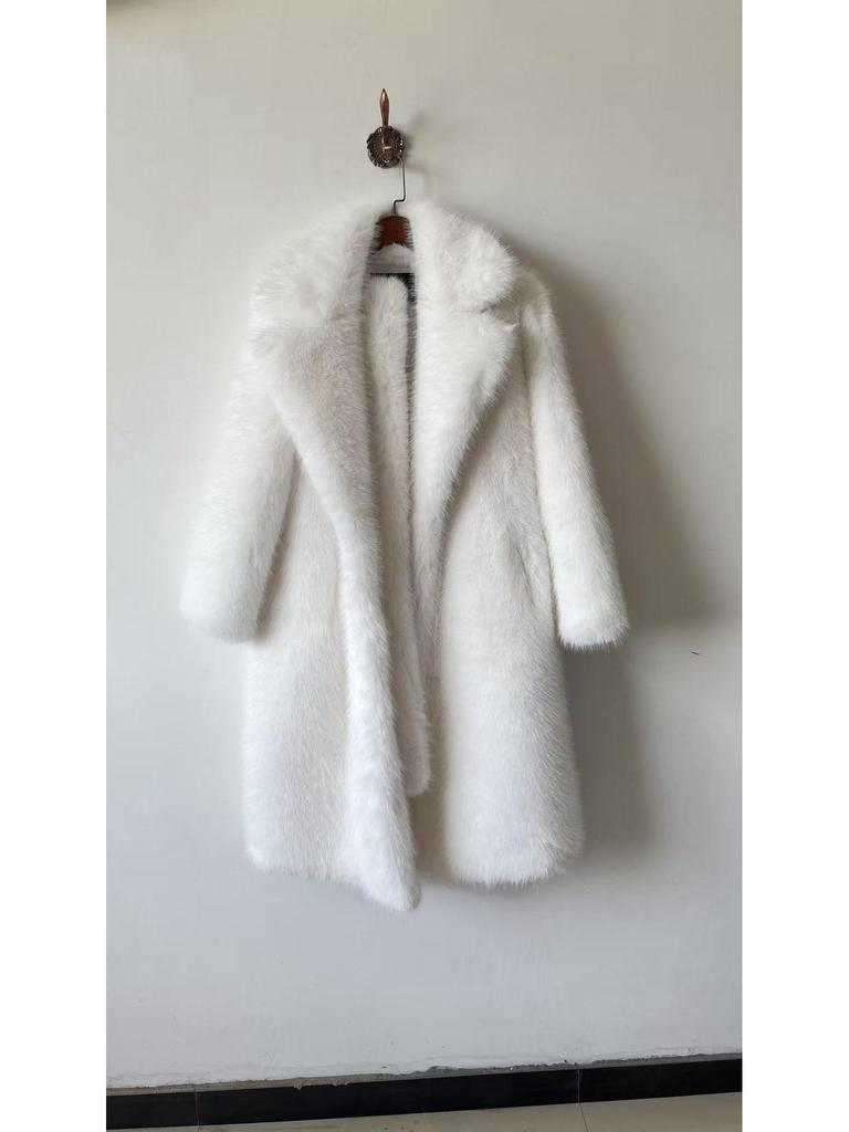 Damen Ökofreundlicher Faux-Fuchspelzmantel mit Taillengürtel (Weiß)