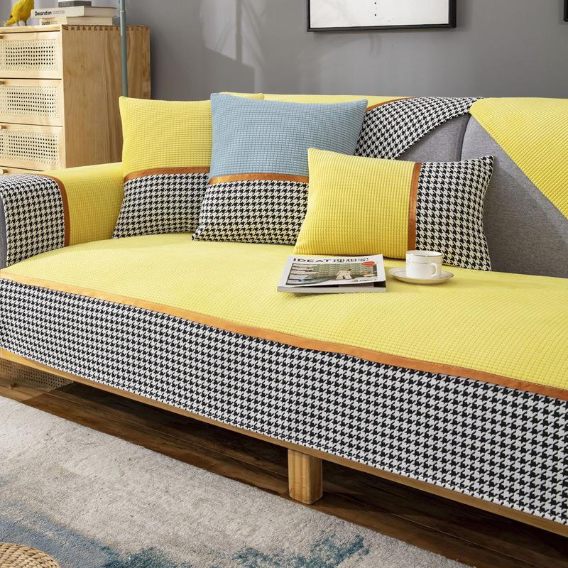 Corn Velvet Thousand Bird Grid Sofa Cushion Four Seasons Universal Sofa Seat Cushion Nordic Simple Modern Non-Slip Leather Sofa Cover
