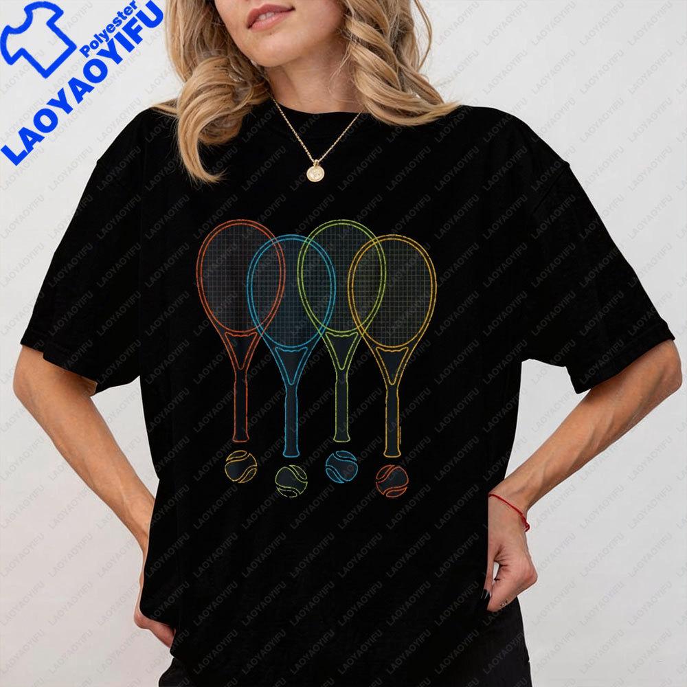 Tennis T Shirt Women Unisex Rackets Balls Cool Tennis Shirt Oneck Graphic Print Outdoor Sports Enthusiasts Clothes Fashion Tops