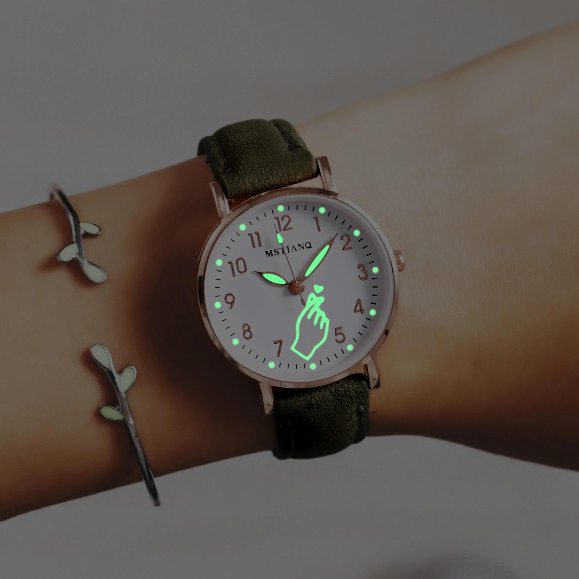 Luminous Watch Night Glowing Women Cute Leather Watches Simple Small Dial Quartz Clock Watch Wrist for Girls армия зеленый