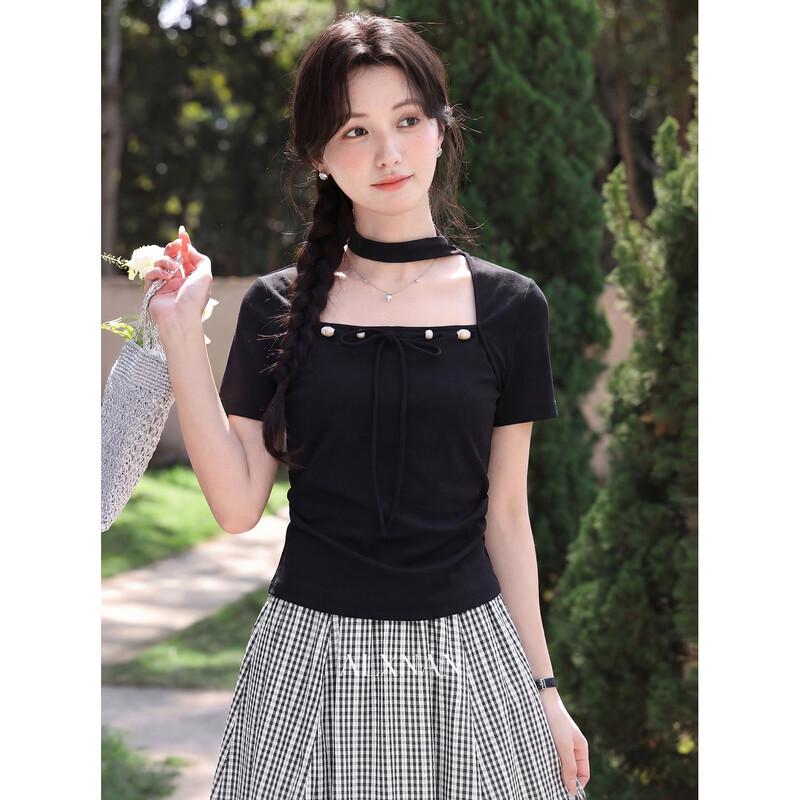 Lu Xiangnan Women s Designer Square Neck Short Sleeve T-shirt L