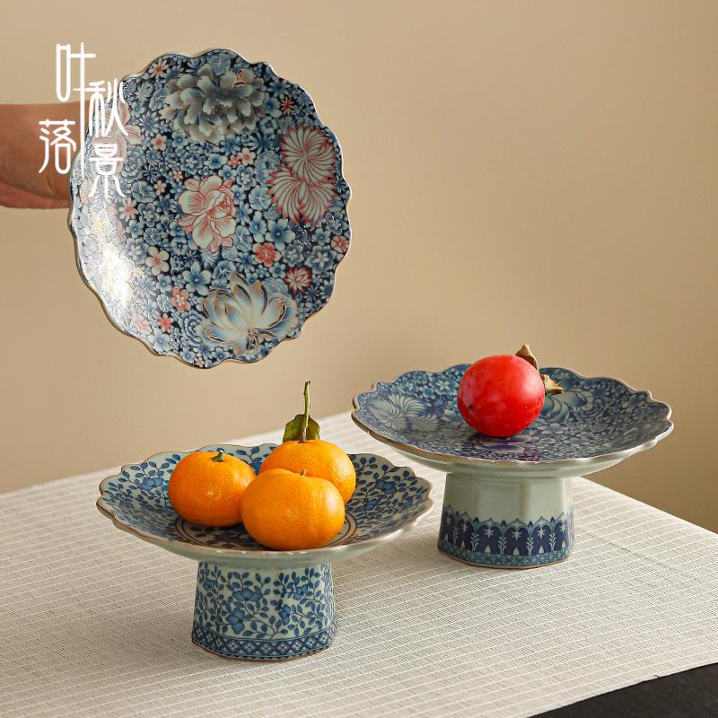 Chinese Ru Kiln Blue and White High-Footed Ceramic Plate for Fruit, Tea, Snacks, Pastries, and Living Room Decor
