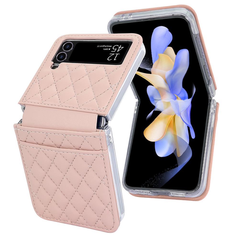 Premium Leather Z Flip 4 Case with Hand Strap and Card Slot for Samsung Galaxy Z Flip 4, Pink