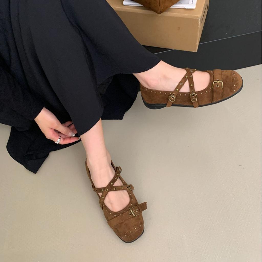 Retro Spice Girl Rivet Shallow Mouth Mary Jane Shoes Women's 2025 Summer New Casual Platform Sports Ballet Shoes