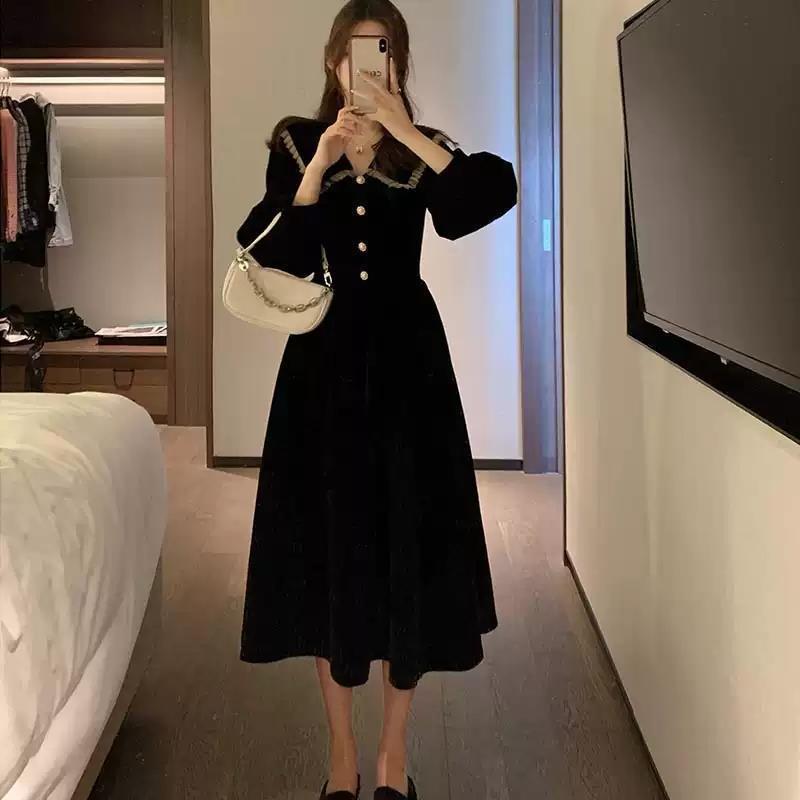 New Autumn Black Peter Pan Collar Dress Women's French High-end Elegant Long Dress Waist-cinching Slimming Audrey Hepburn Style Dress