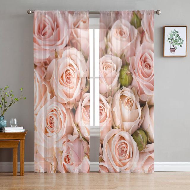 Vorhänge mit rotem Blumen- und Pflanzenmotiv, drapieren, transparenter Tüll, Heimdekoration, Wohnzimmer, Schlafzimmer, Cortinas, Chiffon-Fenstervorhänge