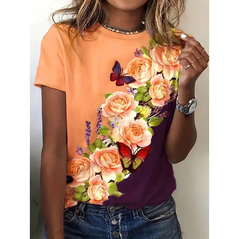 Summer Round Neck 3D Flower Pattern Print Top Fashionable Casual Short Sleeved Women's T-shirts