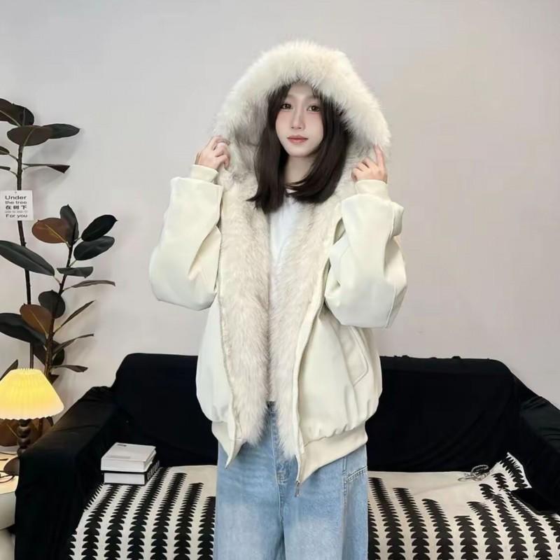 Faux Fur Hooded PU Cotton Coat Couple Style Winter Warm Loose Jacket Women