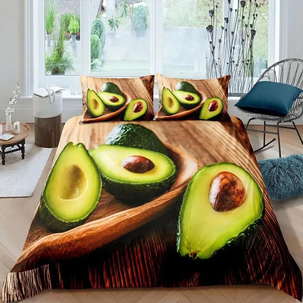Avocado Duvet Cover Set Queen Size 3D Printed Cartoon Funny Faces Avocado Bedding Set Green White,Tropical Botanical Quilt Cover