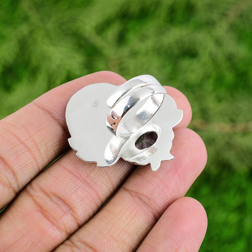 Mothers day Deal 925 Silver Oval Natural Rhodonite Wife Stackable Statement Ring