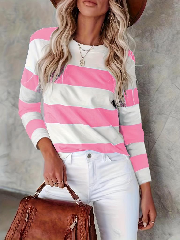 European and American Striped Round Neck Long Sleeve Casual Women's T-shirt for Spring and Autumn.