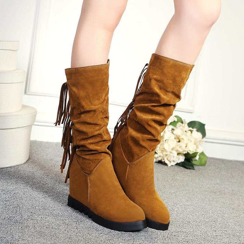 

Новые внутренние водонепроницаемые ботильоны на танкетке и высоком каблуке, повседневные ботинки средней высоты с бахромой, хлопковые ботинки, ботинки большого размера 39