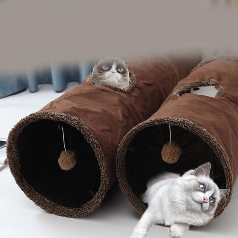 Collapsible Cat Tunnel Toy with Dangling Toy Playtube Crinkle Plush Foldable Tunnel for Indoor Kitten Rabbit