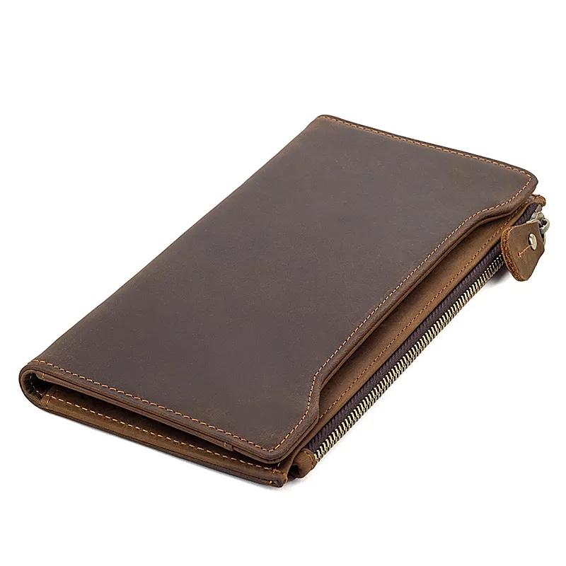 

Crazy Horse Leather Long Wallet for Men Full Grain Cowhide Retro Business Wallet Handmade Snap Closure Card Holder Ready Stock