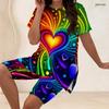 Women Plus Size 2 Piece Set Crew Neck Short Sleeve Side Slit Top Biker Shorts Neon Graffiti Heart Star Print Outfit