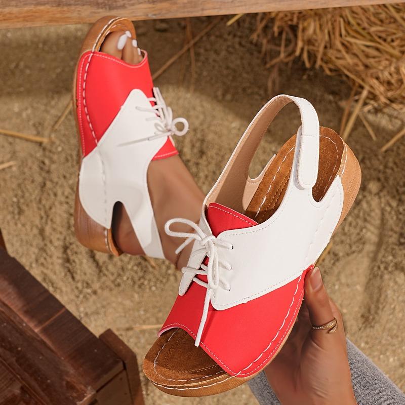Color-blocked Large-sized Sandals Women's Thick-soled Shoes Wedge Heels Lace-up Velcro Beach Flip-flops