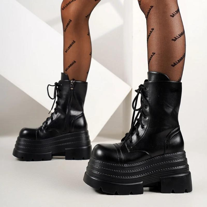 Women's Boots Punk Style Gothic Boots Fashion Mid-calf Leather Boots Women's Motorcycle Boot Height Increasing Platform Booties