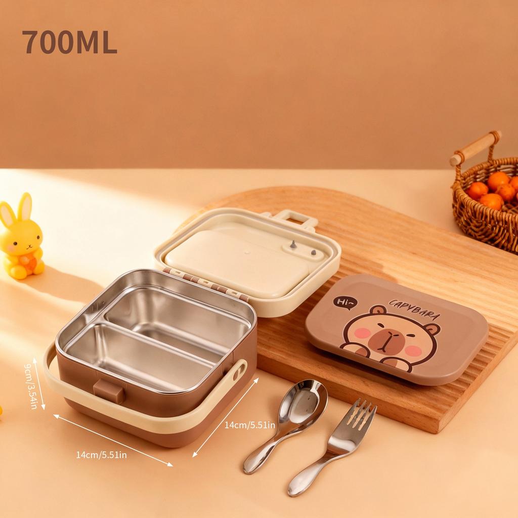 Quadratische 304 Edelstahl Bento Lunchbox mit Besteck & Griff Tragbarer Cartoon Obstsalat Lebensmittelbehälter für Kinder Schüler