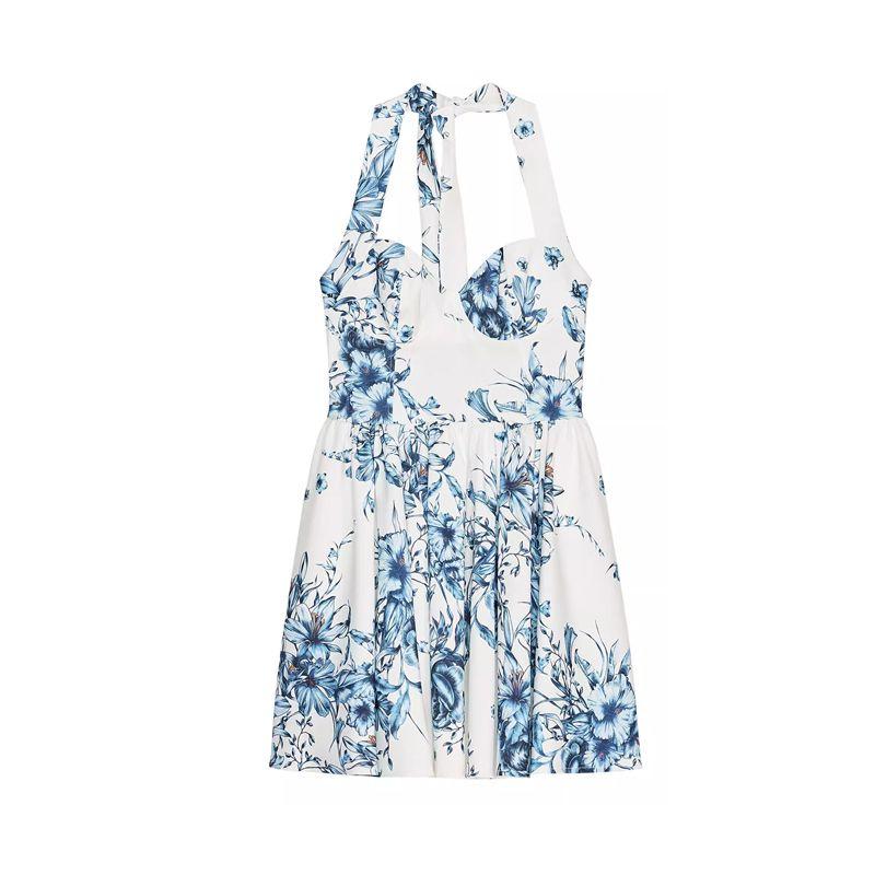 Spring and Summer New Women Clothes Bowknot Decoration Flowers Print Hanging Collar Backless Short Dress 0085131