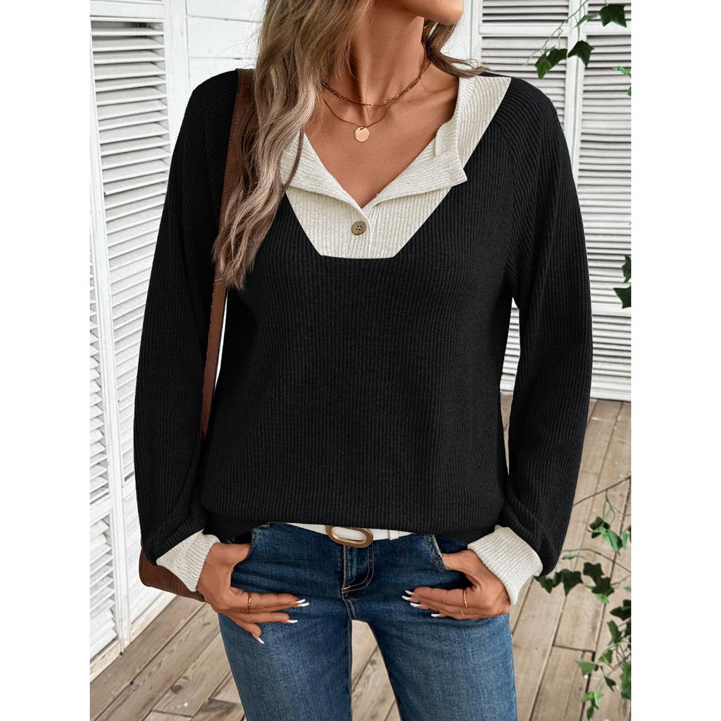 Women's Autumn Winter V-Neck Color Block Top, Oversized Drop Shoulder Long Sleeve Casual Loose Fit Sporty Streetwear Shirt