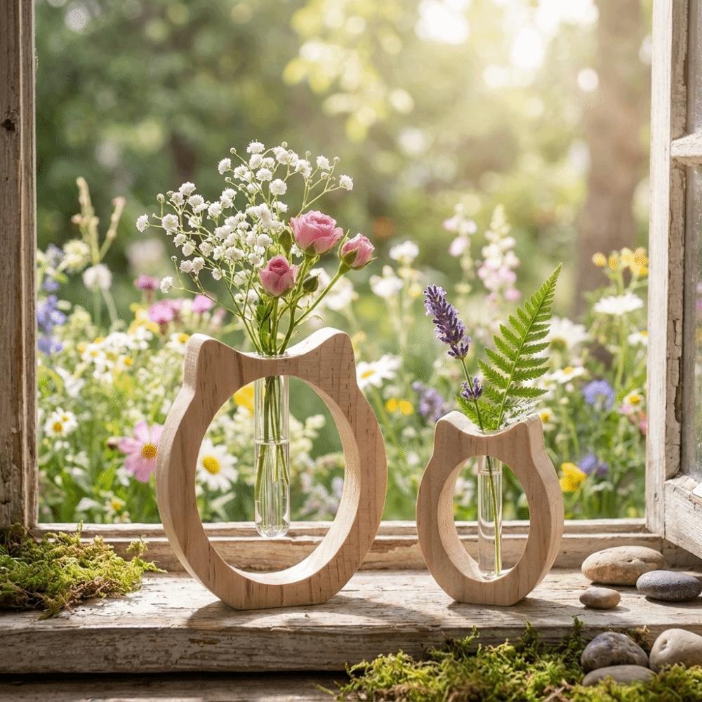 Wooden Glass Cylinder Tube Vase Creative Green Plant Rearing Vase Indoor Plant Display