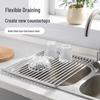 Foldable Stainless Steel Dish Rack with Draining Curtain, Multi-functional Kitchen Sink Storage for Bowls, Plates, Vegetables, and Fruits.
