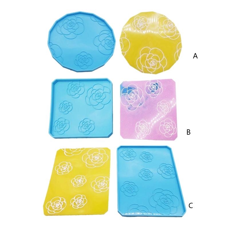 Quadratische Runde Tassenmatte Silikonform Kamelienmuster Untersetzerformen Tassenablage Gussformen für Harzmattenherstellung DIY-Basteln
