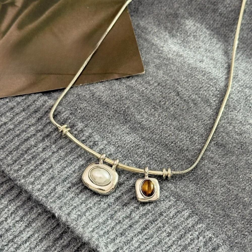 Imitation Pearl Tigereye Stone Pendant Necklaces Geometric Collarbone Necklace Women