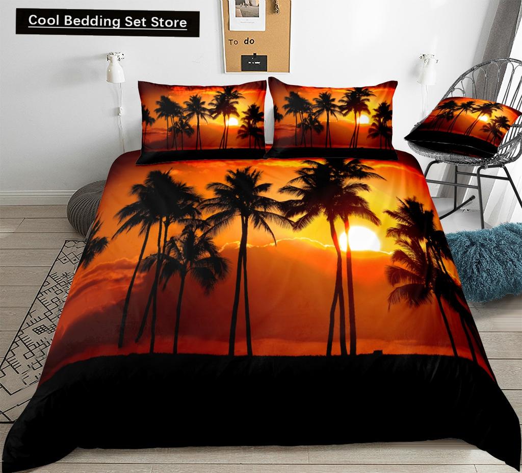 Tropical Coconut Palm Tree King Queen Duvet Cover Hawaii Seaside Sunset Bedding Set Sunrise Plant 2/3pcs Polyester Quilt Cover